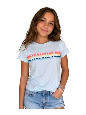 Nautica Girls Size XL 14-16 T-Shirt, Blue, Short Sleeve, Stripe Graphic, Glitter